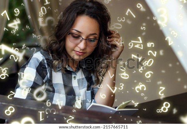 numerology, girl reads a book in a cafe on the\
summer terrace\
surrounded by\
numbers