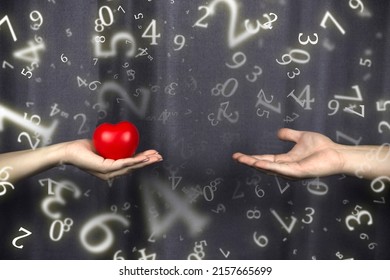 Numerology, A Girl's Hand Pulls A Heart To A Man's Hand Surrounded By Numbers, The Concept Of Love