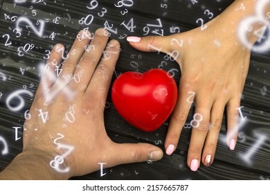 Numerology, A Girl's Hand Pulls A Heart To A Man's Hand Surrounded By Numbers, The Concept Of Love