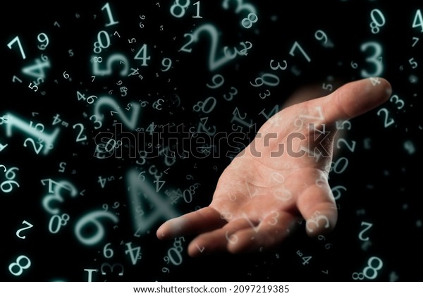numerology, a hand outstretched out of the dark\
with an open palm surrounded by\
numbers