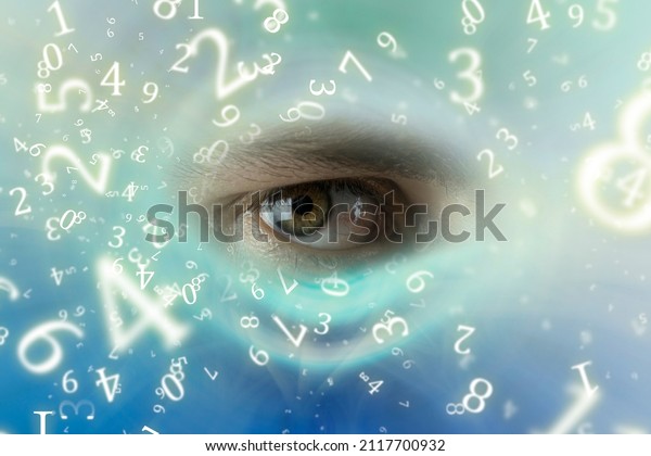 numerology, numbers on an abstract\
background with a human eye in the middle, with a twisting\
effect