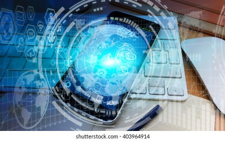 Numerous charts, screens and graphics over mobile phone in office