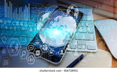 Numerous charts, screens and graphics over mobile phone in office