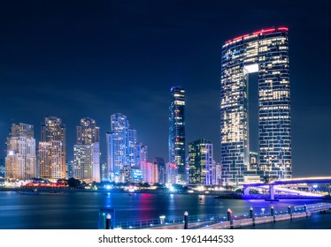 Numerous hotels and residential buildings and office business centers on the seashore in Dubai, United Arab Emirates. The concept of real estate prices and tourism
