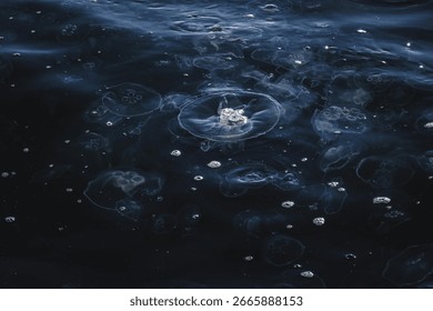 Numerous jellyfish float in dark, deep ocean water, creating a mesmerizing underwater scene.