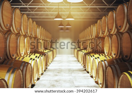 Numerous wooden barrels in winery. 3D Render