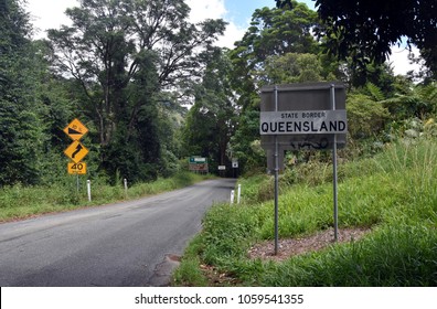 Numinbah Rd, Australia - Dec 27, 2017. State Border Of Queensland. At The Border Between New South Wales And Queensland.