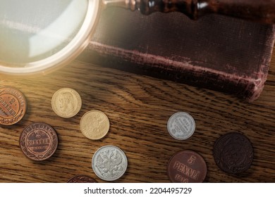 Numismatics. Old Collectible Coins On The Table. Top View. 