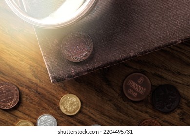 Numismatics. Old Collectible Coins On The Table. Top View. 