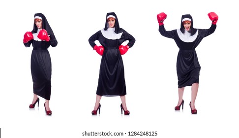 Nun with boxing gloves isolated on white - Shutterstock ID 1284248125