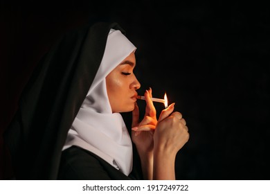 Nun smoking. Portrait of a smoking young nun,