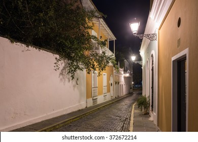 Nuns Street (Caleta De Las Monjas) In Old San Juan, Puerto Rico At Night.