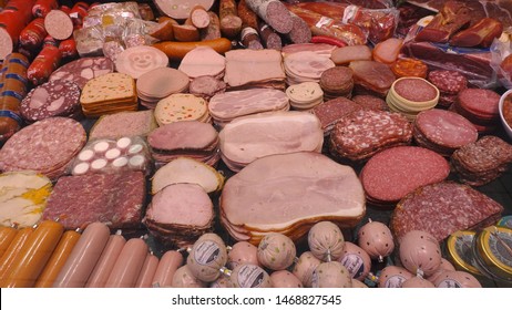 Nuremberg. Bavaria / Germany - July 3, 2019: Tasty Display Of Sausages And Cold Cuts At A Butcher Shop                               