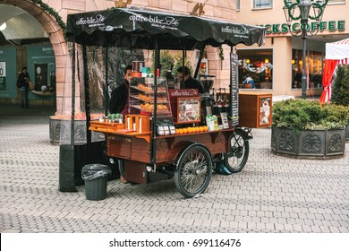 Nuremberg, December 27, 2017: Coffee-bike Vendor Booth With Beverages And Snacks.