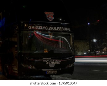 Nuremberg, Germany - Dec 19th 2019: German Professional Sports Teams Travel To Games Sometimes With Busses. Bus Of Grizzlys Wolfsburg Ice Hockey Team Is Parked In Nuremberg City.