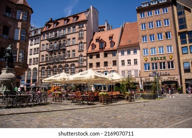 Nuremberg, Germany- June 15,2022: People Having Lunch In A Terrace In Downtown Nuremberg.