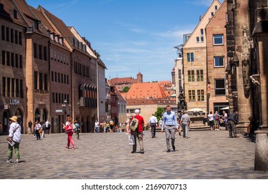 Nuremberg, Germany- June 15,2022: People Walk At Noon In Downtown Nuremberg