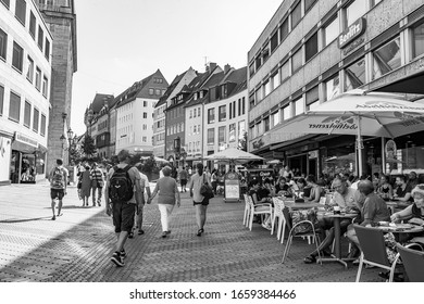 Nuremberg, Germany, On August 21, 2018. People Have Rest In Typical Cafe In Old Town