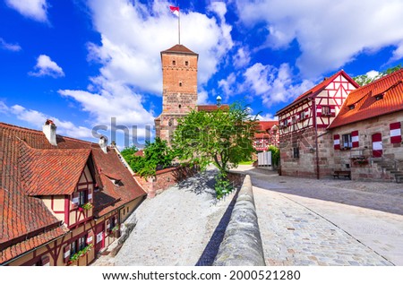Nuremberg, Germany. View of Kaiserburg and Heathen Tower in Nuremberg old town in Franconia, Bavaria.