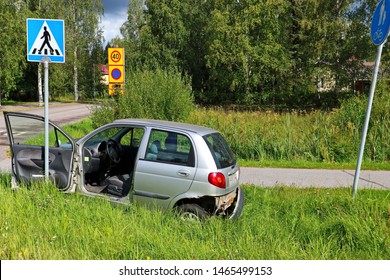 Nurmijarvi, Finland -07-29-2019: Car Crash Accident. Distracted Drivers Are The Top Cause Of Car Accidents Today. Don't Talk On A Cell Phone, Send A Text Message Or Eat Food While Driving.