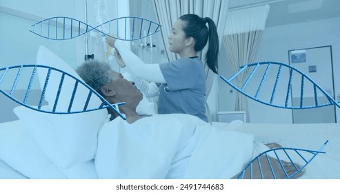 Nurse adjusting IV drip for patient in hospital bed with DNA graphics overlay. Healthcare, intravenous, treatment, medical, technology, diagnostics - Powered by Shutterstock