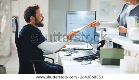 Nurse, admin and conversation with documents at reception for medical report, schedule or records. Folder, healthcare team or paper in clinic with happy people for positive results, insurance or info