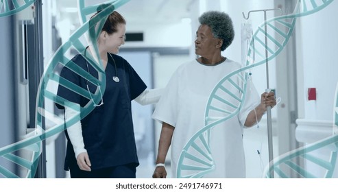 Nurse assisting patient with IV stand, walking together in hospital hallway. Healthcare, medical, patient care, nursing, treatment, recovery - Powered by Shutterstock