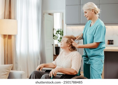 Nurse brushing hair of senior woman using wheelchair in bright living room at home. Health care concept - Powered by Shutterstock