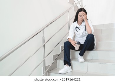 Nurse, burnout stress and woman in hospital feeling pain, tired or sick on night shift. Healthcare, wellness and female medical physician with depression or anxiety while working late - Powered by Shutterstock