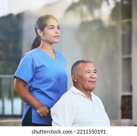 Nurse, Caregiver Or Senior Man In Wheelchair In Nursing Home, Hospital Or Clinic For Surgery Recovery Or Wellness Physiotherapy. Thinking Healthcare Worker, Retirement Disability Elderly Or Insurance