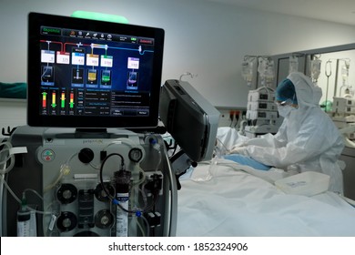 A Nurse Are Checking Dialysis Machine At The Intensive Care Unit For Patients Suffering From The Coronavirus Disease (COVID-19) In Thoracic Diseases Hospital Of Athens In Greece On November 5, 2020.
