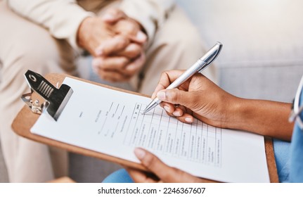 Nurse, clipboard and pen for checklist with patient, healthcare service and medical information. Closeup doctor hands writing documents, research and questions for report, planning and wellness admin - Powered by Shutterstock