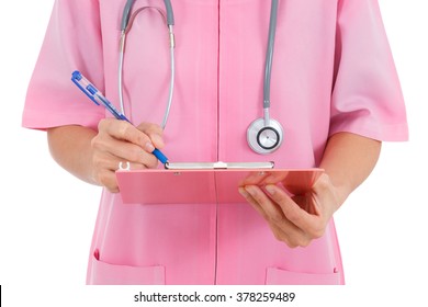 Nurse With Clipboard And Pen Isolated On White Background