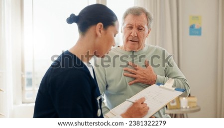 Nurse, clipboard and senior man with heart pain, chest problem or cardiovascular lung fail, tuberculosis risk or cancer. Hypertension, asma and caregiver writing notes, health survey or ask questions