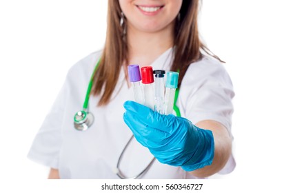 
Nurse or doctor with blue gloves holding vacutainer and syringes isolated on white background