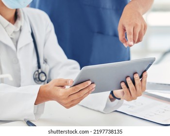 Nurse And Doctor With Digital Tablet Report, Lab Results Or Healthcare Medical Records. Innovation, Research And People Hands With Wireless Technology For Hospital Management Software And Online Data