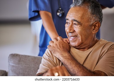 Nurse or doctor give man support during recovery or loss. Caregiver holding hand of her sad senior patient and showing kindness while doing a checkup at a retirement, old age home or hospital - Shutterstock ID 2203716633