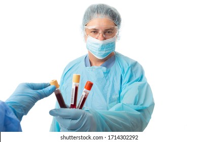 Nurse Or Doctor Holding Some Patient Pathology Blood Samples For A Lab Worker To Analyse