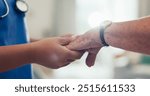 Nurse, elderly care and holding hands with patient for healthcare, support or assisted living at old age home. Closeup, medical employee or caregiver with senior or touch for empathy or help at house