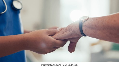 Nurse, elderly care and holding hands with patient for healthcare, support or assisted living at old age home. Closeup, medical employee or caregiver with senior or touch for empathy or help at house - Powered by Shutterstock