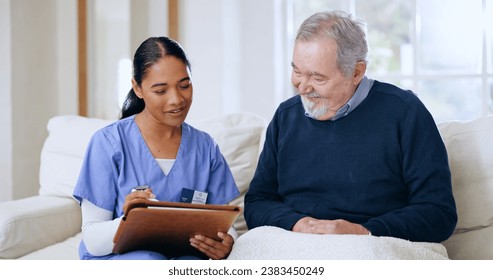 Nurse, elderly happy man and woman writing questionnaire answers, client feedback or nursing home patient assessment. Consultation service, retirement and caregiver test, exam or medical survey notes - Powered by Shutterstock