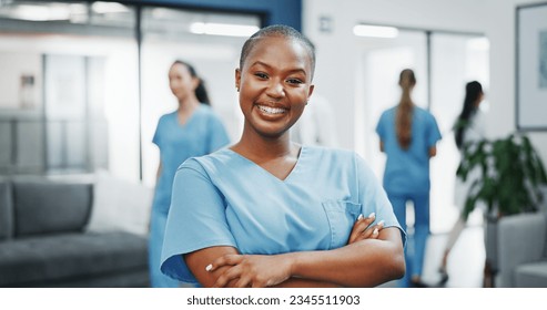 Nurse, face or arms crossed in busy hospital for about us, medical life insurance or wellness support. Smile, happy or healthcare black woman in portrait, confidence trust or help medicine internship - Powered by Shutterstock