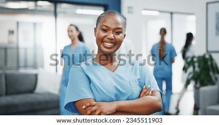 Nurse, face or arms crossed in busy hospital for about us, medical life insurance or wellness support. Smile, happy or healthcare black woman in portrait, confidence trust or help medicine internship