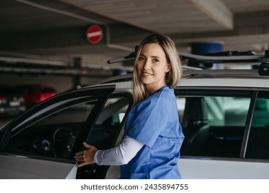 Nurse getting into car, going home from work. Female doctor driving car to work, on-call duty. Work-life balance of healthcare worker. - Powered by Shutterstock