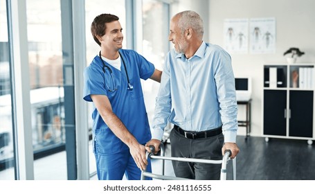 Nurse, happy and man with walker for support, patient rehabilitation and balance training for recovery process. Healthcare, caregiver and physiotherapy for mobility, walking and physical therapy. - Powered by Shutterstock