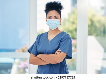 Nurse, Healthcare Black Woman With A Covid Face Mask In Confident Portrait. Innovation, Leadership And Proud Medical Nursing Professional, Surgeon Or Health Employee With Vision For Success In Career