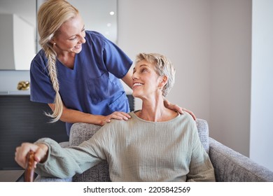 Nurse, Healthcare And Retirement With A Senior Woman And Carer In A Home For Health, Care And Wellness. Medical, Insurance And Assisted Living With An Eldery Female Patient And A Caregiver Inside