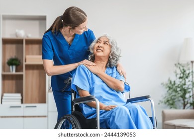 Nurse helping adult woman in hospital offer help and comfort create a welcoming atmosphere with a focus on patient care and wellness. Mature woman, nurse or person with disability in hospital - Powered by Shutterstock