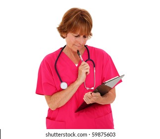 Nurse Holding A Clipboard While Thinking