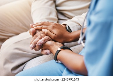 Nurse holding hands with patient in empathy, trust and support of help, advice and healthcare consulting. Kindness, counseling and medical therapy with doctor for hope, consultation and depression